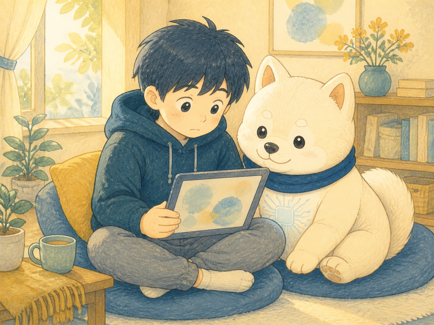 自宅でタブレットを使って自分のペースで学ぶ少年の絵本風イラスト