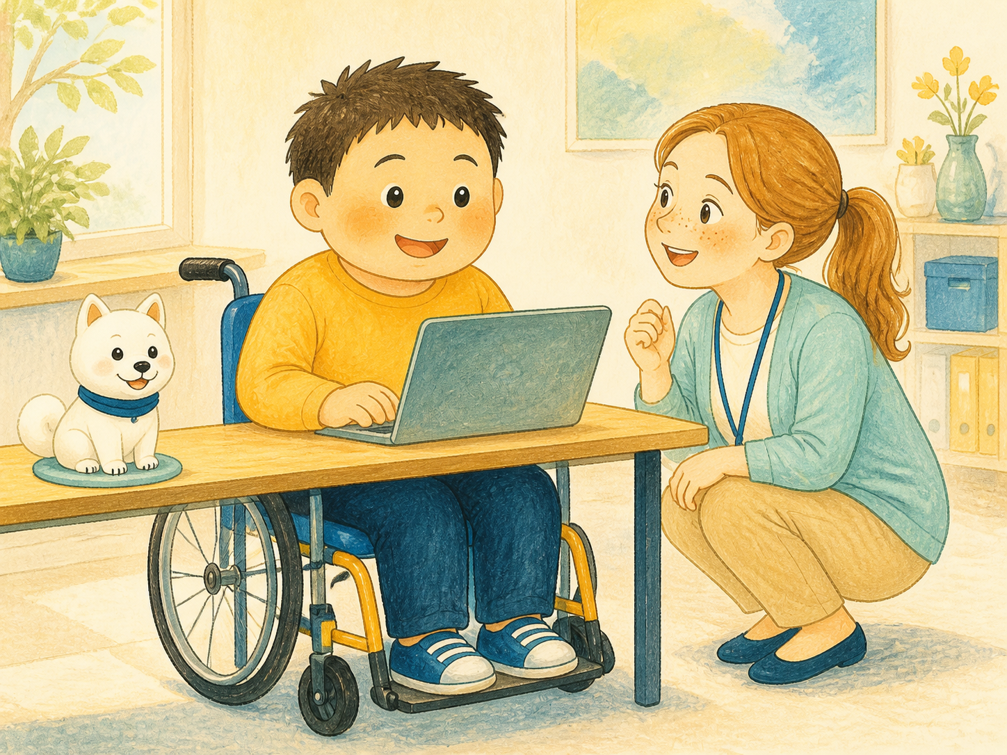 車椅子の男性が支援員と一緒にパソコンで仕事の練習をする絵本風イラスト
