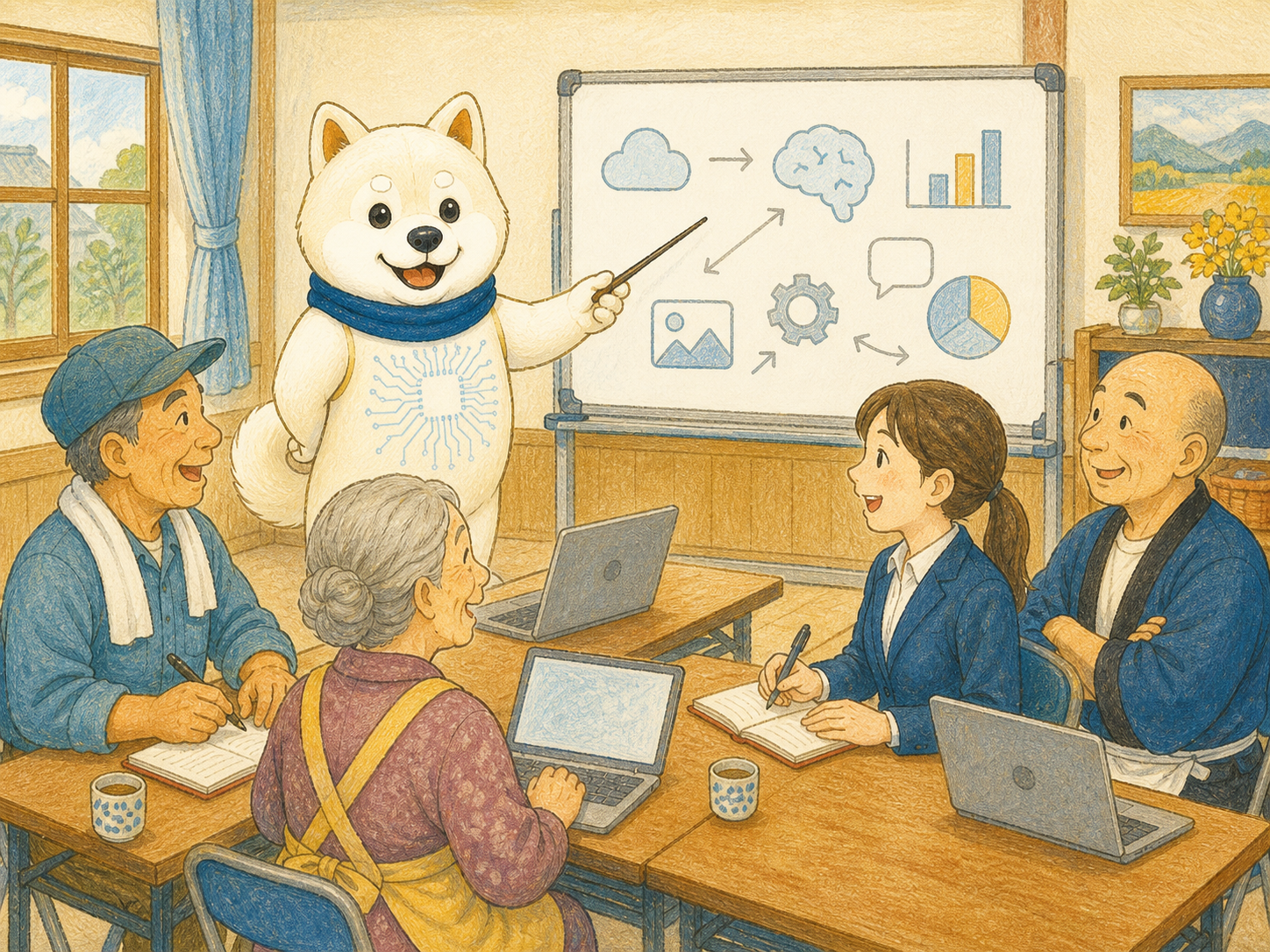 公民館で幅広い年代の受講者がAI講座を受ける絵本風イラスト