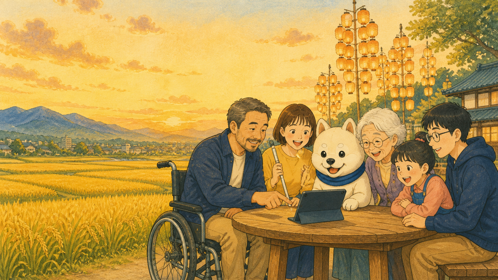 秋田の町で多様な人たちがタブレットを囲んで学んでいる絵本風イラスト