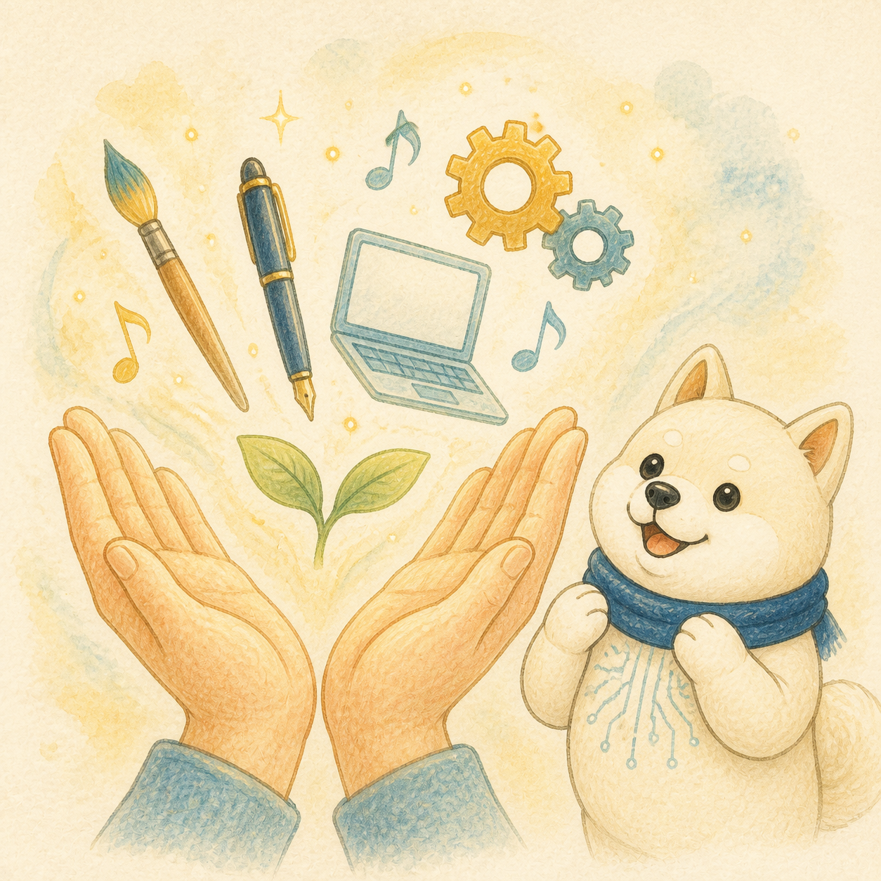 両手のひらの上に絵筆やペンなどの道具が浮かぶ、可能性を広げる道具を表したイラスト