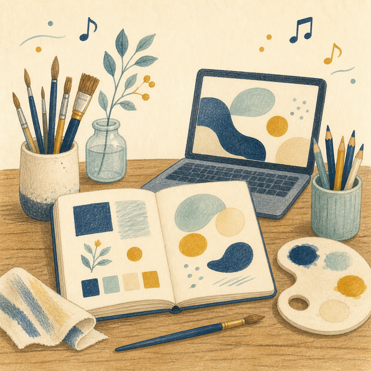 絵筆やパレットが並ぶデザインの仕事のイラスト