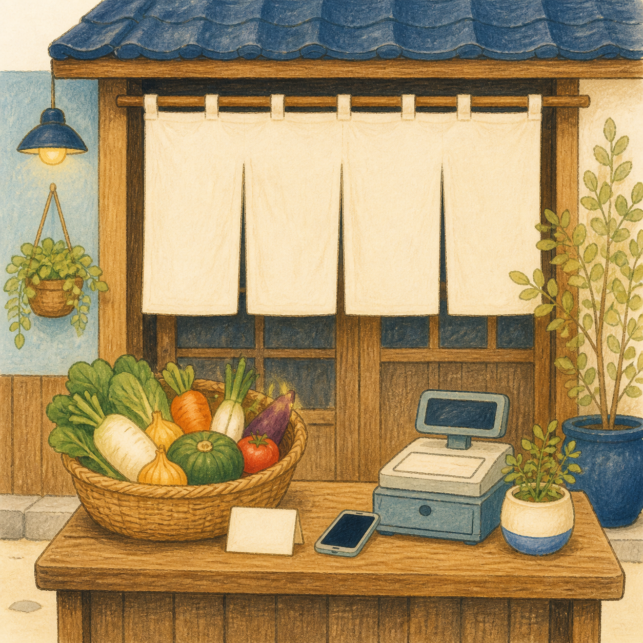 のれんのかかった商店の店先のイラスト